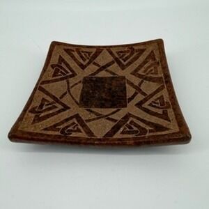 Brown Square Curved Trinket Dish Candle Holder Decor Accent Indonesian Ceramic